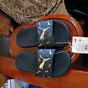 Puma Black and Gold Slide Sandals